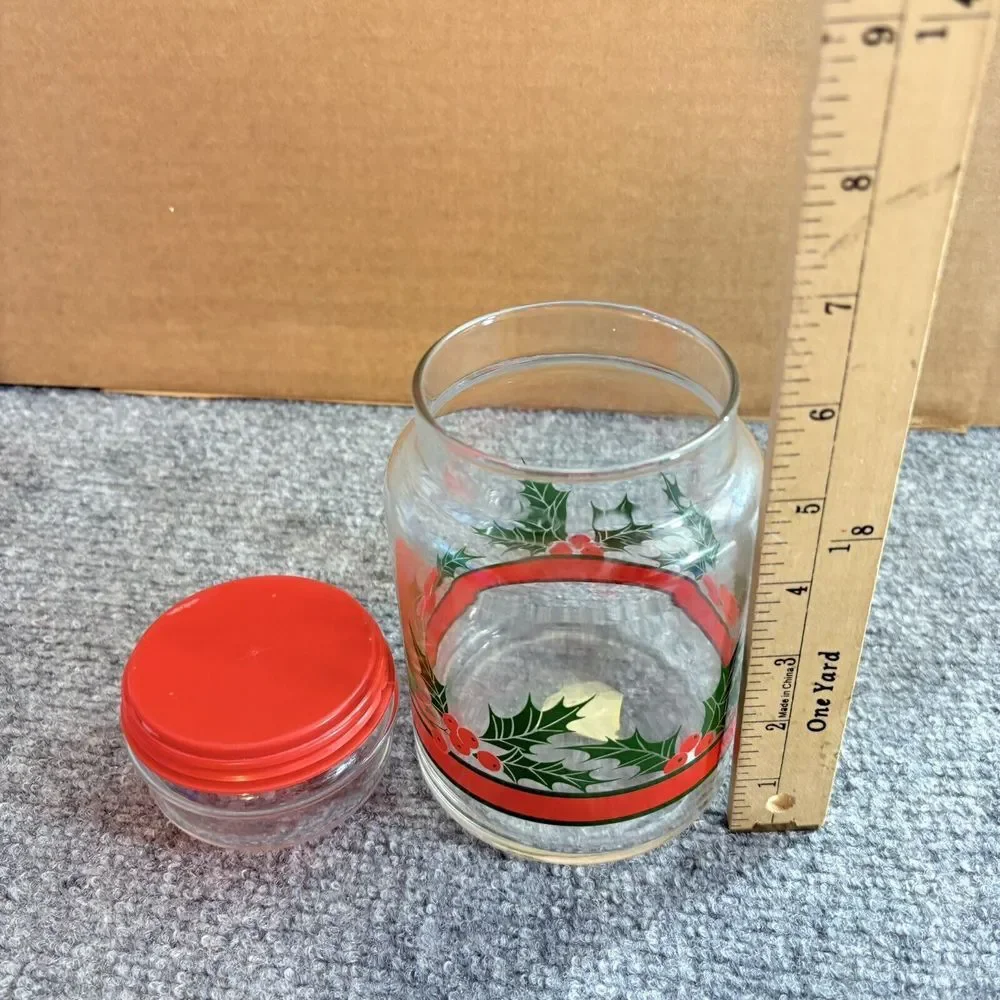 Vintage 70s Christmas‎ Glass Jar Holly Red Lid Holiday Kitchen Canister 80s